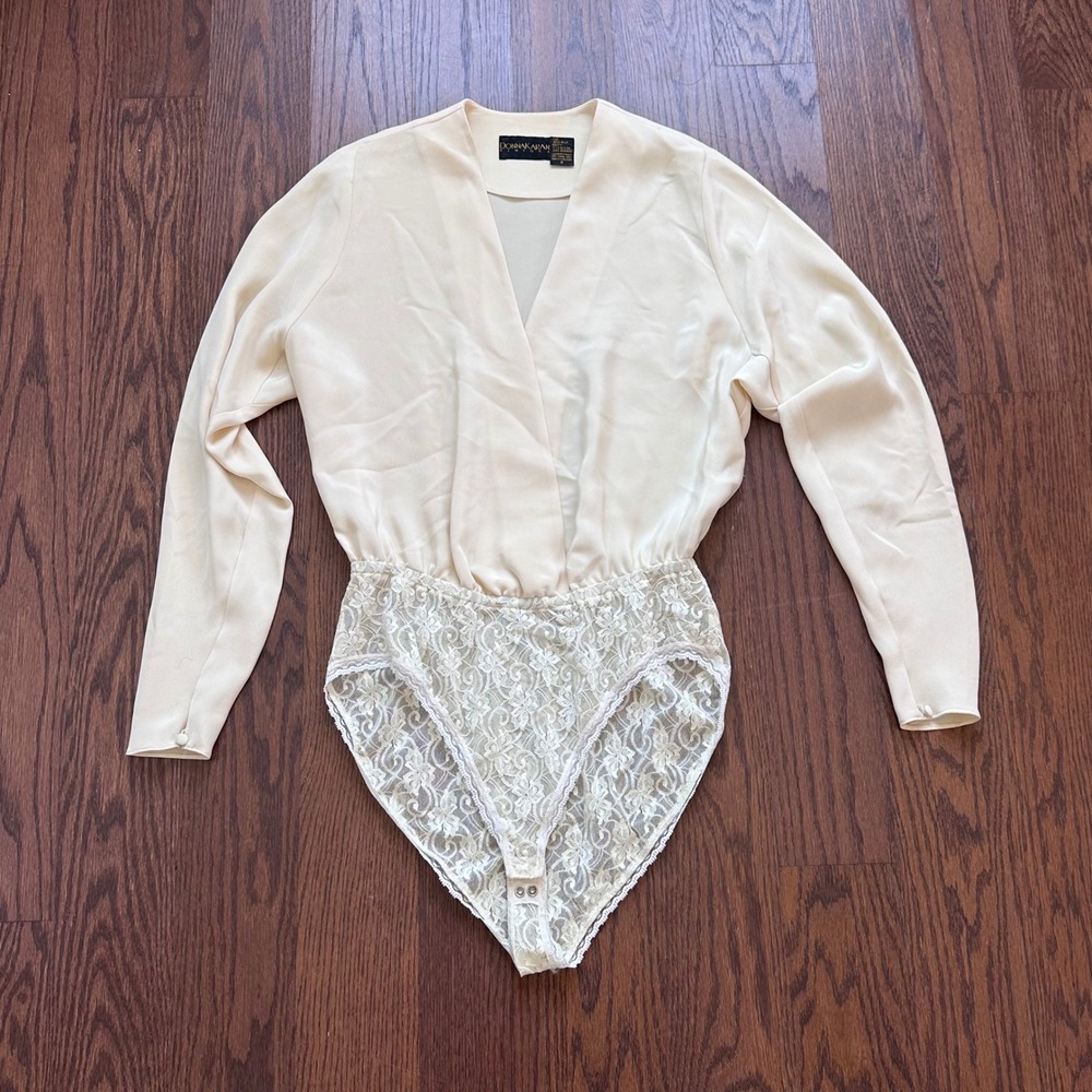Donna Karan New York Vintage Silk Wrap Bodysuit Lace Panty Cream Ivory Size 8